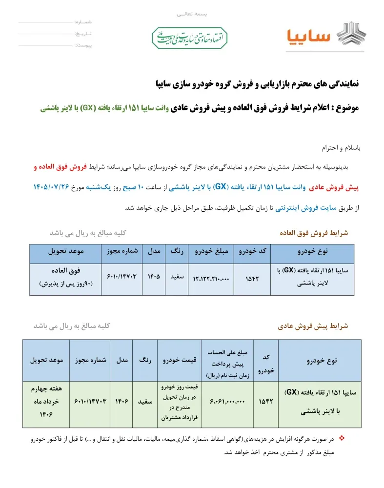 شرایط فروش و قیمت جدید پراید وانت ۱۵۱ GX اعلام شد - مهر 1405